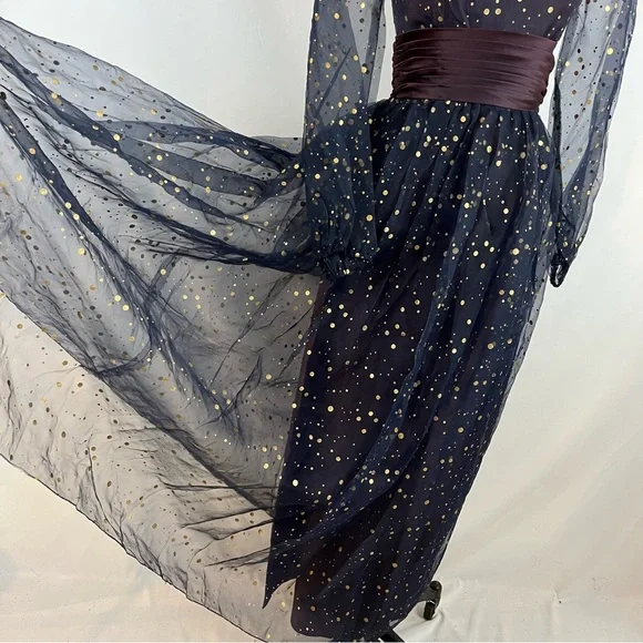 Vintage 50s Maxi Dress Navy & Gold Polka Dot Formal Gown XS/S - Picture 9 of 13